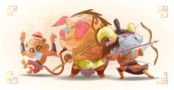 Chinesische Sternzeichen Tiere Cartoon-Figuren von Affen Schwein Ziege isoliert Cartoon Hand gezeichnet Vektor Illustration — Stockvektor