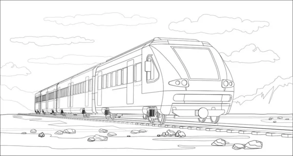 3D model, modern yüksek hızlı tren ve parlak manzaralı vektör boyama sayfası. Tren yolculuğuyla güzel bir vektör çizimi. Güzel yüksek teknoloji tren grafik vektörü — Stok Vektör