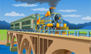 Köprüde 3D model tren olan Vektör Coloful sayfası. Tren yolculuğuyla güzel bir vektör çizimi. Vintage retro tren grafik vektörü.