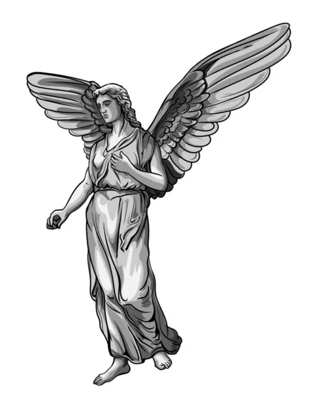 Sculpture Ange Priant Debout Avec Des Ailes Illustration Monochrome Statue — Image vectorielle