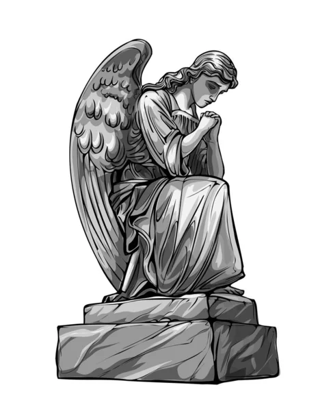 Gråter Bedjande Ängel Skulptur Med Vingar Monokrom Illustration Statyn Ängel — Stock vektor