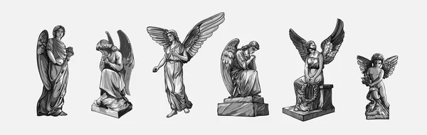 Commencez Pleurer Priant Des Sculptures Anges Avec Des Ailes Illustration — Image vectorielle