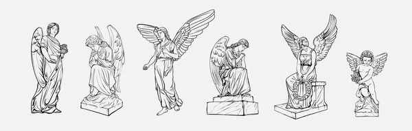 Commencez Pleurer Priant Des Sculptures Anges Avec Des Ailes Coloriage — Image vectorielle