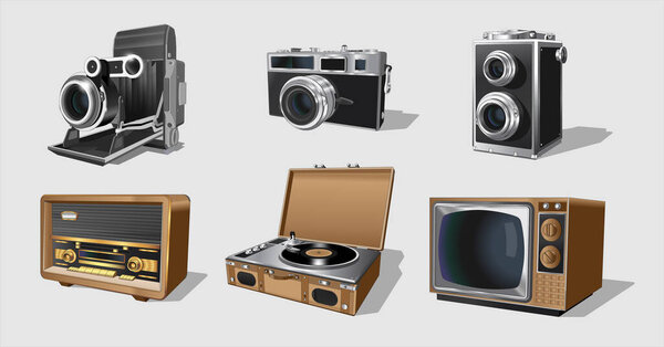 Ретро приборы, комплект старинных машин. Коллекция с ретро-винтажным радио, телевизором, фотокамерами, виниловой пластинкой. 3d дизайн, векторная иллюстрация, вектор.