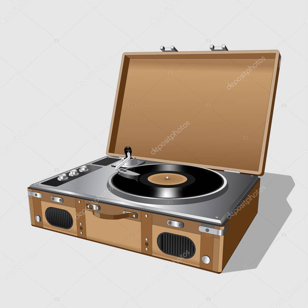 Vector neat accurate illustration of vintage turntable. Record player vinyl record. Realistic retro old turntable on white background. Isolated.
