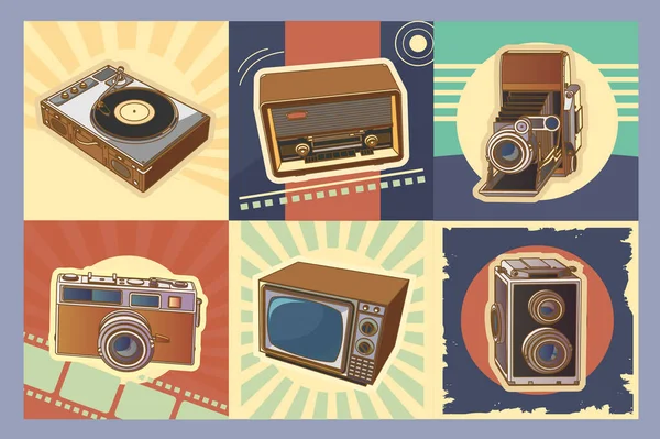 Retro cihazlar, antika makineler. Eski model radyo, TV, fotoğraf makineleri, vintable vinil müzik seti, klasik tasarım koleksiyonu. 3d tasarım, vektör illüstrasyonu, vektör.