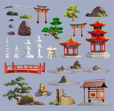 Antik Japon kültürü; geçit, tapınak, ikebana, ağaçlar, taş, bahçe ve Japon feneri izole edilmiş vektör çizimleriyle büyük bir set oluşturuyor. Japonya vektör kümesi koleksiyonu.