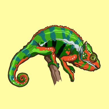 Bir dalda oturan yeşil bukalemun kertenkele hayvan. Sıcak bir arka planda izole edilmiş doğal hayatta sürüngen. Vektör illüstrasyonu