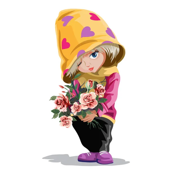 Tarjeta de felicitación de San Valentín. Niña linda en una capucha grande con un patrón de corazones sosteniendo un ramo de flores en sus manos. Personaje femenino sobre fondo blanco. Ilustración vectorial aislada — Vector de stock