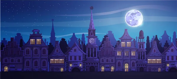 Geleneksel Avrupa eski kasabası. Belediye binası, kilise, güzel evler, şehir sokağı. Gece şehri, ay. Eski binalarla vektör karikatür manzarası