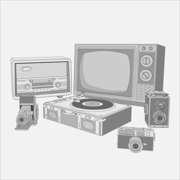 Retro-Geräte, eine Reihe von Oldtimern. Malseite mit einer Sammlung von Retro-Radio, Fernseher, Fotokameras, Plattenspieler Schallplatte. 3D-Design, Vektorillustration, Skizze, Vektor — Stockvektor