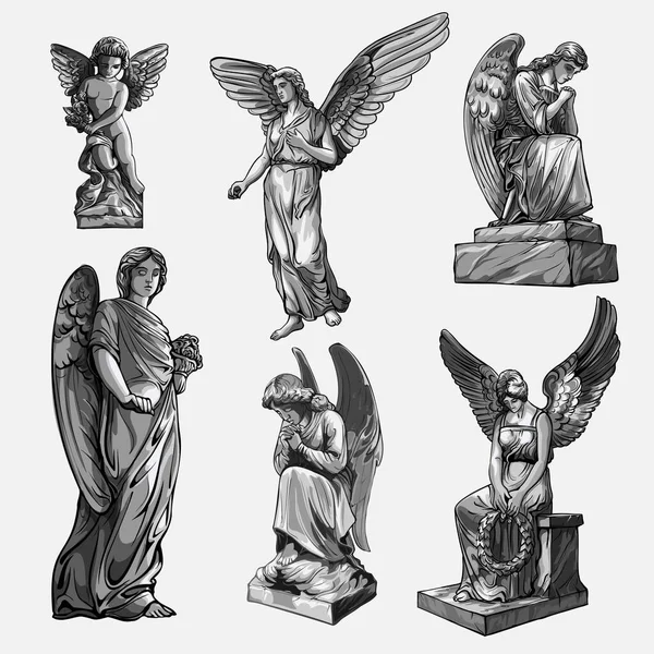 Commencez à pleurer en priant des sculptures d'anges avec des ailes. Illustration monochrome des statues d'un ange. Isolé. Illustration vectorielle — Image vectorielle