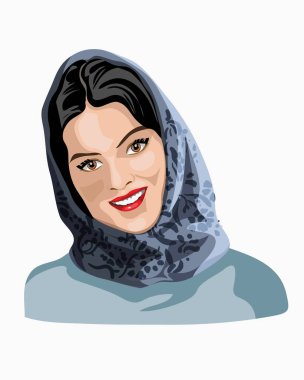 Gri carf 'lı güzel esmer kız. Çok hoş bir kız başını eğmiş bakıyor ve gülümsüyor. Gri şal. Duygusal kadın yüzü. Portre. İzole vektör illüstrasyonu.