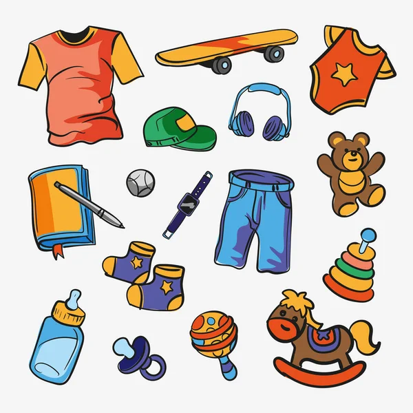 Set Van Kinder Tienerdingen Kleding Speelgoed Handgetekende Vectorillustratie Grappige Illustratie — Stockvector