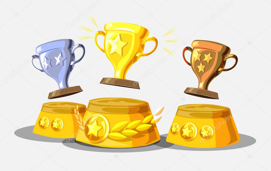 Winners podium with cups. Prizes for the Champions. Gold, silver and bronze cups. Vector illustration in flat style for poster, web banner or greeting card.