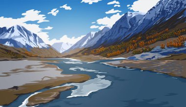 Arka planda mavi gökyüzü, nehirler, orman, dağlar, bulutlar ve kar zirveleri olan güzel bir bahar ya da yaz manzarası. Sanatınızın peyzaj arka planı.