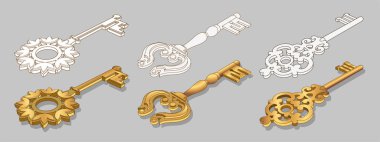 Şeffaf arkaplanda izole edilmiş eski altın anahtar koleksiyonu. Kilit, ev kapısı ya da hazine için 3 boyutlu klasik dekoratif altın anahtarlar. 3D gizli, güvenlik ve mahremiyet sembolleri.