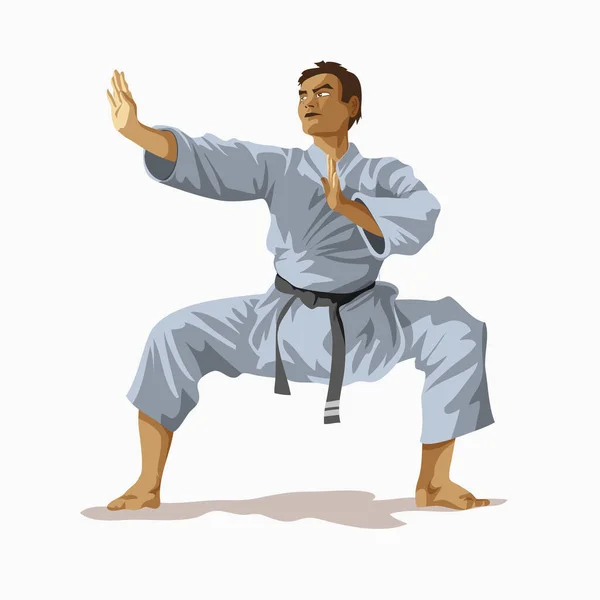 Karate Man Vit Kimono Med Svart Bälte Står Och Tränar — Stock vektor