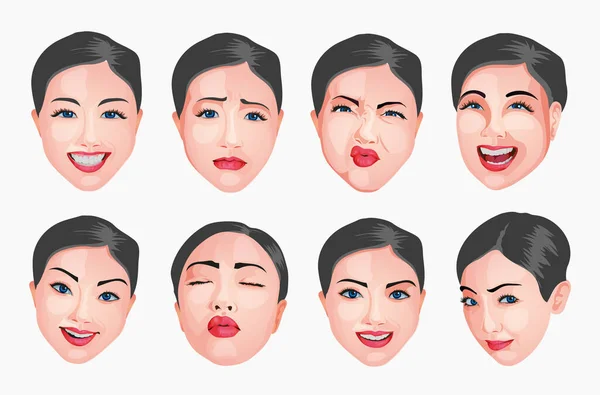 Hermosa Cara Mujer Realista Con Diferentes Expresiones Faciales Emoción Conjunto — Archivo Imágenes Vectoriales