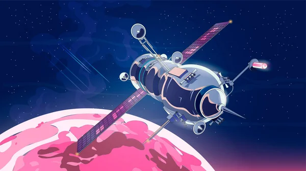 Vektor illustration kort med rymdskepp satellit i rymden med månen. Rymdhistoriska program, mänsklig utforskning av nära rymden. Bild med 3D-modell flygande rymdskepp. Isolerad — Stock vektor