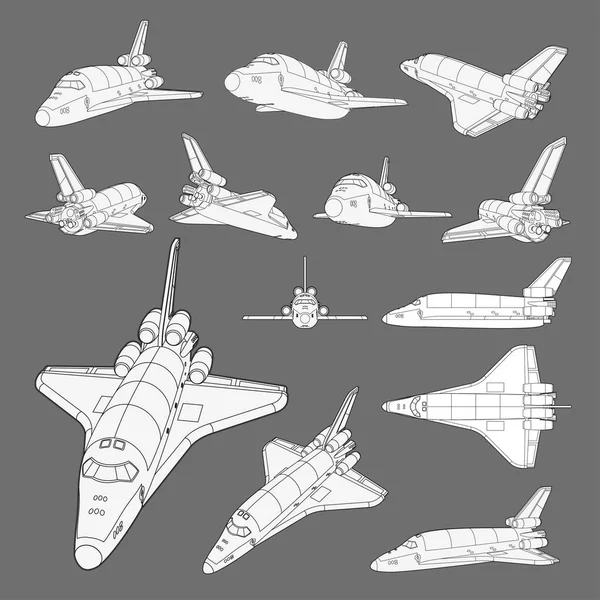 벡터는 우주선, 우주 왕 복선으로 설정되었습니다. 3d 구경의 수집품은 오래 된 우주선, 비행기이다. 3d 모델의 컬러 페이지. 고립됨 — 스톡 벡터