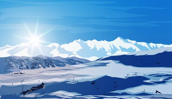前景に明るい太陽線、白い雪のフィールド、山と大きなドリフトと美しい冬の風景。芸術の風景の背景 — ストックベクタ