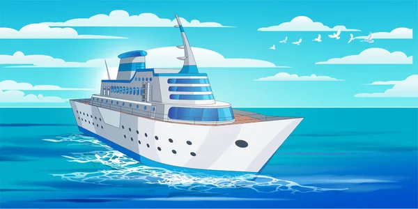 Cruise nagy hajó 3D-s modell jó utazási és turisztikai hirdetések, könyvek, jó utazási idegenforgalmi tájékoztató füzet könyv borító oldal, szabadidős luxus nyaralás. Tengeri táj, kék ég, felhők — Stock Vector