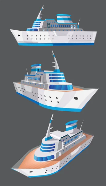 Set, colección con cruceros grandes modelos 3d bueno para los anuncios de viajes y turismo, libros, bueno para el folleto de turismo de viajes. Aislado — Vector de stock