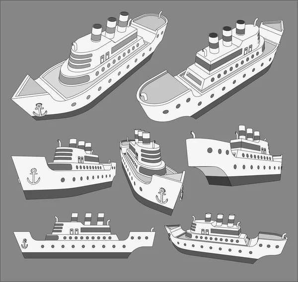 Set, colección con cruceros grandes modelos de barcos en 3D con tres tuberías buenas para los anuncios de viajes y turismo, libros, bueno para folleto de turismo de viajes. Aislado — Archivo Imágenes Vectoriales