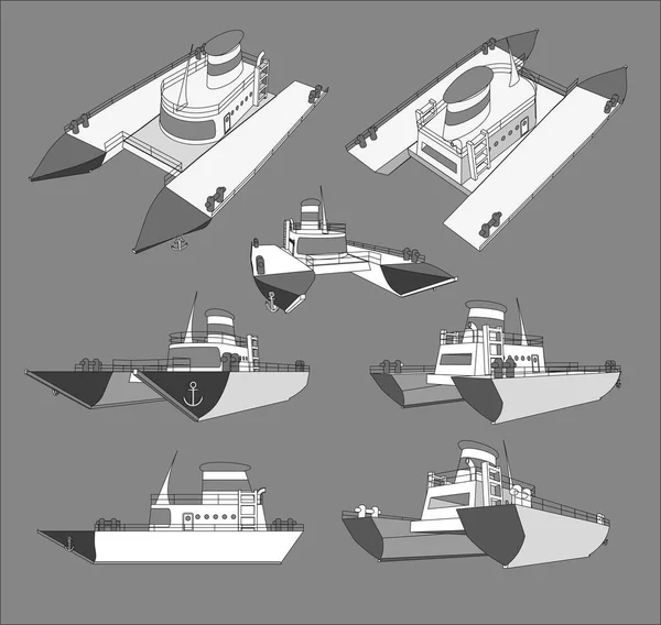 Set, colección con catamarán de cruceros modelos 3d bueno para los anuncios de viajes y turismo, libros, bueno para el folleto de turismo de viajes. Aislado — Vector de stock