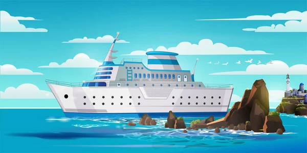 Cruise groot schip goed voor reizen en toerisme advertenties, boeken, brochure boek omslag pagina, vrije tijd luxe vakantie. Zee landschap, blauwe lucht, wolken, vuurtoren aan de kust en riffen — Stockvector