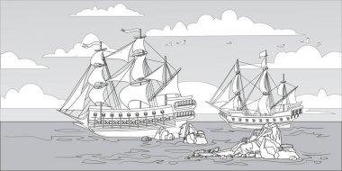 Korsan tekneleri ve çocuklar için çırpınan bayraklar boyama sayfası olan eski tahta gemilerle manzara. Deniz manzarası, mavi gökyüzü, bulutlar ve resifler..