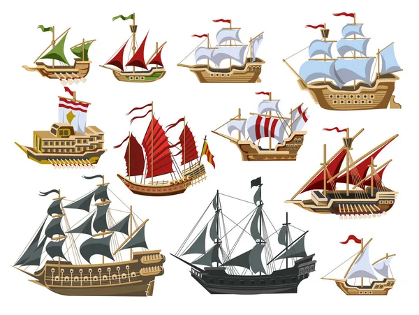 Korsan tekneleri ve eski farklı ahşap gemiler Fluttering Flags Vector Eski gemi yelkenleri geleneksel korsan sembolleri geleneksel vektör ilüstrasyonları seti.