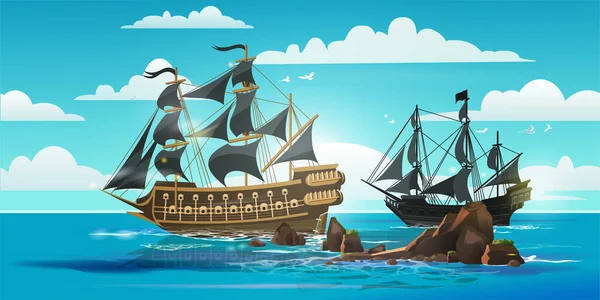 Пейзаж Пиратскими Лодками Старыми Различными Деревянными Кораблями Развевающимися Флагами Книги — стоковый вектор