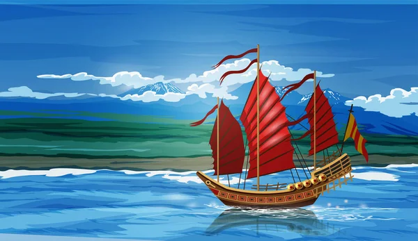 Landschap Met Traditionele Aziatische Chinese Junk Schip Gemaakt Van Hout — Stockvector