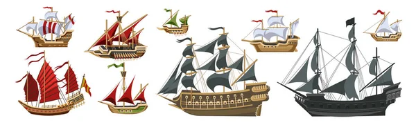 Barcos Piratas Viejas Naves Madera Diferentes Con Banderas Ondulantes Vector — Vector de stock