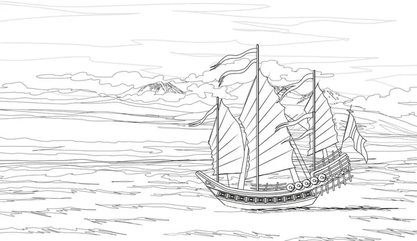 Dibujo Para Colorear Paisaje Con Tradicional Barco Chino Chatarra Asiático — Archivo Imágenes Vectoriales