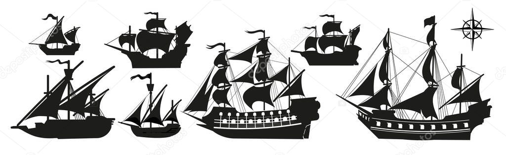 Pirate boats and Old different Wooden Ships with Fluttering Flags. Vector Set Old shipping sails traditional vessel pirate symbols garish vector illustrations.Black silhouettes collection set.