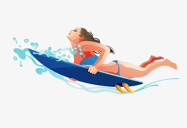 Surf Girl Sur Planche Surf Attraper Des Vagues Dans Mer — Image vectorielle