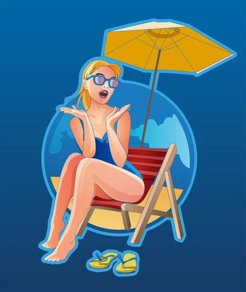 Kobieta Leżąca Leżaku Plaży Kobieta Blondynka Okularach Przeciwsłonecznych Emocjonalnie Zaskoczony — Wektor stockowy