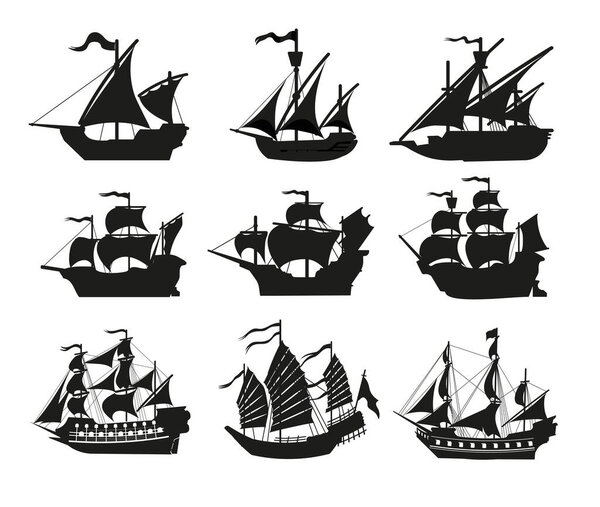 Pirate boats and Old different Wooden Ships with Fluttering Flags. Vector Set Old shipping sails traditional vessel pirate symbols garish vector illustrations.Black silhouettes collection set