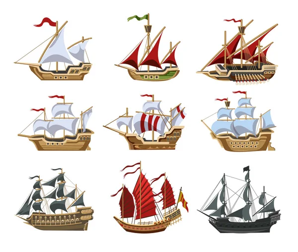 Barcos piratas y viejas naves de madera diferentes con banderas ondulantes Vector Set Velas de envío antiguas embarcaciones tradicionales símbolos piratas vectores garish ilustraciones colección conjunto — Vector de stock