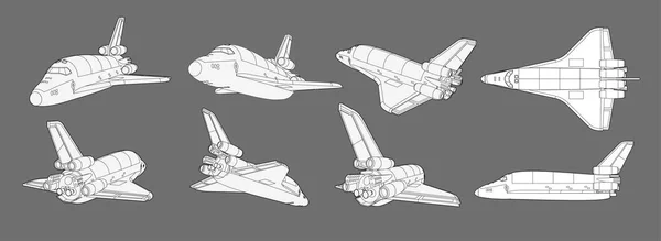 Ensemble vectoriel avec vaisseau spatial, navette spatiale. Collection avec vues 3d vieux vaisseau spatial, avion. Coloriage avec des modèles 3D. Isolé — Image vectorielle