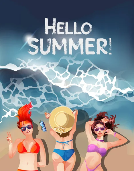 Bannière avec des femmes allongées sur la plage, se détendre et bronzer près de la mer ou de l'océan. Bonjour titre d'été. Illustration de dessin animé Summer Mood Vector — Image vectorielle