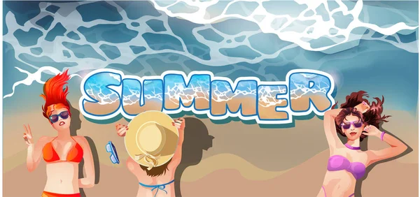 Banner with women lying on beach, relaxing and sunbathing near sea or ocean. Big letters Summer. Summer Mood Vector cartoon illustration — Stock Vector