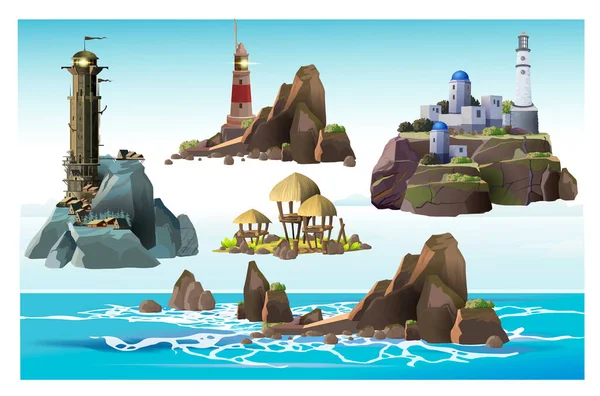 サンゴ礁、熱帯の島、異なる島の灯台の塔のセット。シンプルでギリシャと壮大なスタイリッシュな灯台。白い背景に灯台のあるロッキー島 — ストックベクタ
