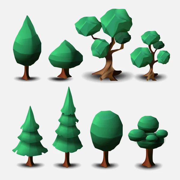 Conjunto vectorial de árboles de hoja caduca y coníferas aislados sobre un fondo blanco. Árboles de dibujos animados vectoriales, elementos de paisaje para el entorno de dibujos animados 3d, gráficos del juego — Archivo Imágenes Vectoriales