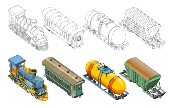 Set met kleurplaat en kleurrijke stoomlocomotief, personenvervoer per spoor, goederenwagen, wagenhouder. Vintage retro trein grafische vector. Geïsoleerd op witte achtergrond — Stockvector