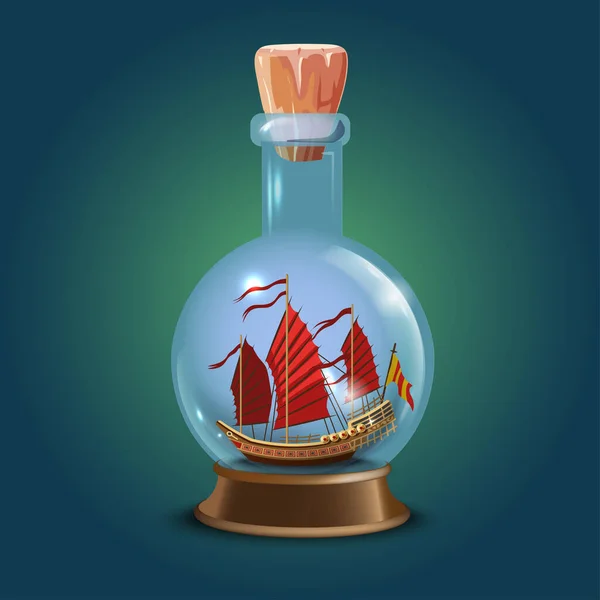 Aziatisch of Japans Schip met rode zeilen in een fles.Zeilboten. Miniatuurmodellen van zeeschepen. Hobby en zee thema.Vector illustratie — Stockvector