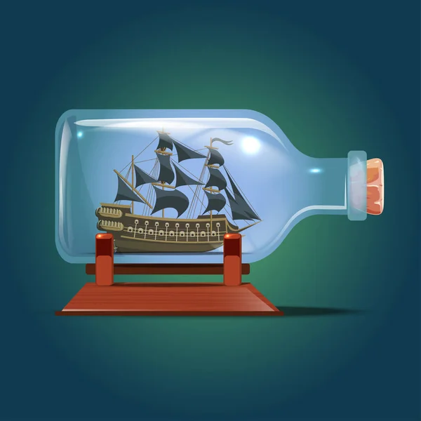 Piratenschip in een fles.Zeilboten. Miniatuurmodellen van zeeschepen. Hobby en zee thema.Vector illustratie — Stockvector